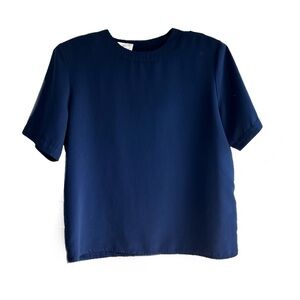 Dark Blue Short Sleeve Blouse Back Button Closure, Office Business Casual, Sz LP